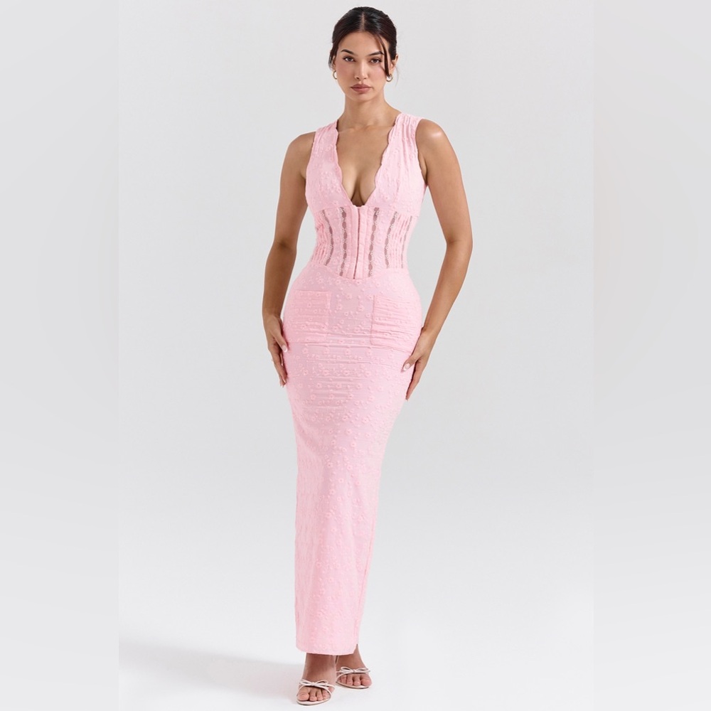 House of CB Sophina Pink Broderie Plunge V Neck Corset Maxi Dress (Size Medium) - Picture 3 of 5
